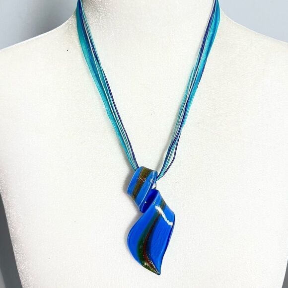Handmade art glass pendant and ribbon vibrant statement necklace - Picture 1 of 7
